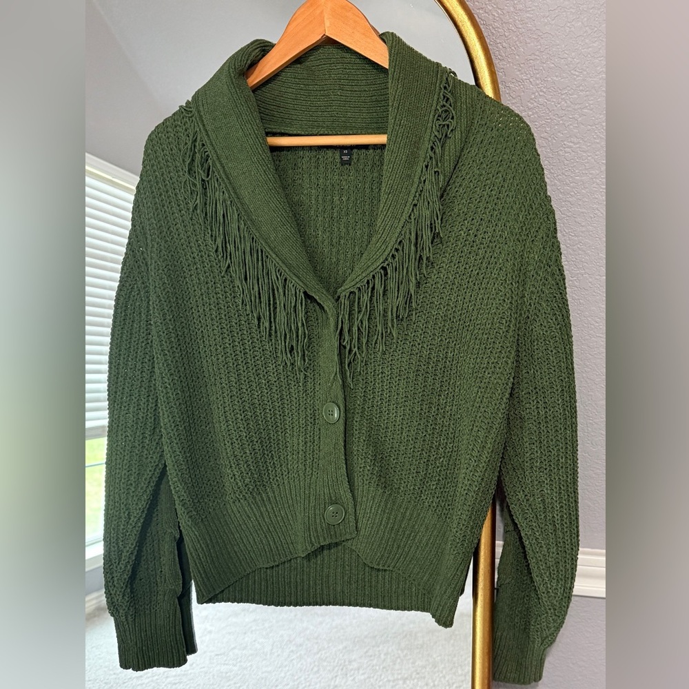 Witty Fox Cardigan Fringe Shawl Collar Cable Knit Sweater Size XS